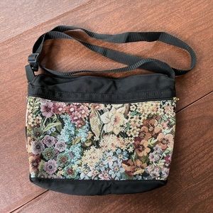 Fabulous crossbody purse. Black nylon construction with tapestry fabric accents